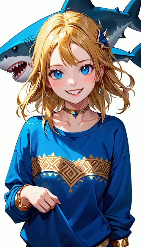 (work of art, best qualityer),  details Intricate,, 1 girl,     the mouth, multicolored hair, blue colored eyes, shark hair ornament, golden hair ornament, gold choker, gold bracelet, sharped teeth, ssmile, blue sweatshirt,,  greek clothing, peplos,