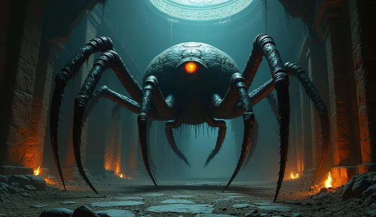 A Lovecraftian colossal god, half spider, half crab, has one eye that is a human eye, in a dark temple