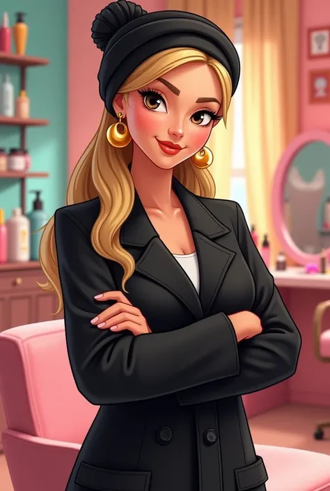 An aesthetics professional who wears a black lab coat and gold earrings and wears a black turban head scarf, extremely straight blonde hair, mature, curvy woman, to do in Disney style drawing. Crossed arms
