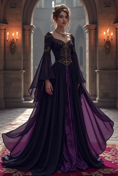 Illustration of unisex black and purple formal social clothing with various arabesques, Flowing fabrics for wizards, Medieval Fantasy Theme