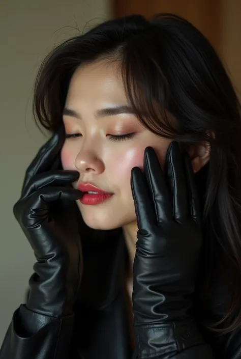 (1990s amateur 4K hyper-realistic black leather gloves handjob photograph:1.8), 2 Korean actress female, (1990s an artistic representation of 49-year-old Korean fashion model actress wearing hyper-realistic black leather long gloves and double trench long ...