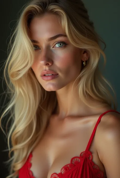 Create a realistic image of a 20 year old woman, longs cheveux blonds, Blue-green eyes dressed in red selfi realist, sexy en sous vêtement 