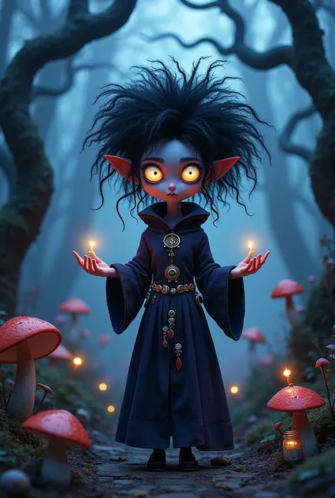 Generate an image of a witch with button eyes, Coraline-like