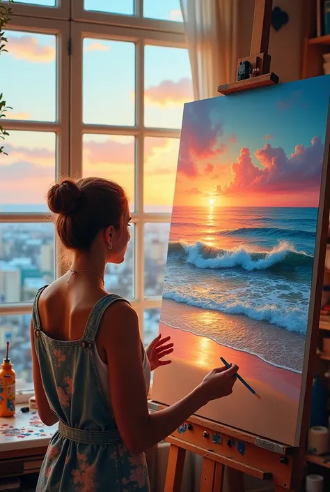 have a painter drawing on a white canvas a beautiful painting of the sea at sunset