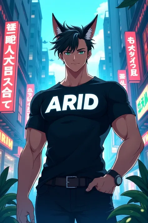 anime man physic with a fox face with a shirt on that says “ARID”