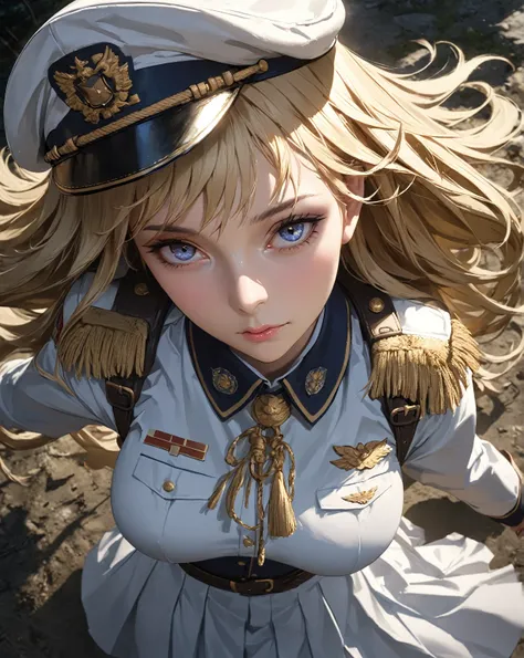 (masterpiece, best quality:1.3), (from above:1.3),, perfect face, expressive eyes, 1woman, looking at viewer, gorgeous body, middle breast, beautiful, anime,1woman, gold hair, army cap, uniform, long skirt, (cinematic lighting, realistic, dream-like, encha...