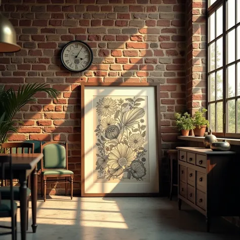 A framed A4 poster with intricate floral designs inspired by William Morris, leaning against a brick wall in an industrial-style loft. The poster is bathed in warm, golden light from a nearby large factory-style window. The floor is polished concrete, with...