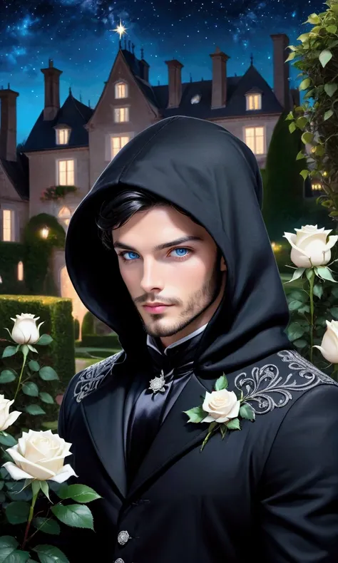 a young handsome european man black hair short beard blue eyes wearing a black noble cloth with hood cover his head with black gloves with a white rose brooch in the white roses garden at night with a manor house in the background with a stars