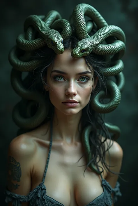 a beautiful topless medusa with snakes for hair, detailed face, piercing eyes, flowing locks of snakes, pale skin, intricate snake scales, feminine figure, dramatic lighting, cinematic composition, dark fantasy, dramatic shadows, moody colors, rich texture...