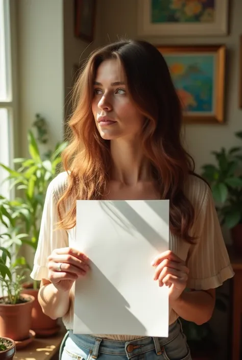 Create me a picture of a woman holding a blank paper in her hand.