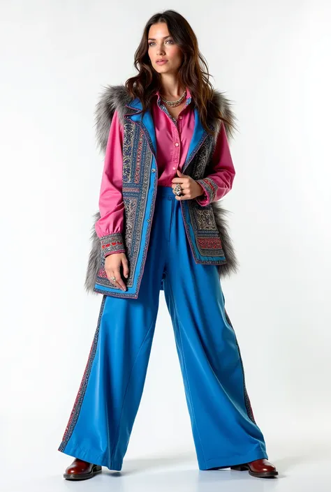 russia model girl wearing blue suit with lot of russian pattern ,fur ,((holding her vest in her hand)) , overr size pants , posing for photo , cinematic , white background , rings , high boots , pink shirt , full body , umbreala 