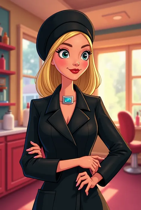 Make a beauty professional with a black lab coat, black turban, rectangular brooch, Round face, chubby, mature woman, straight blonde hair, Disney style drawing 