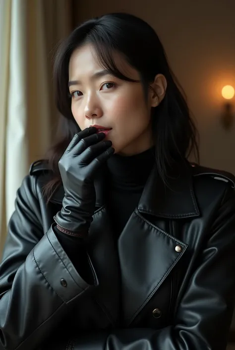 (1990s amateur 4K hyper-realistic black leather gloves handjob photograph:1.8), 2 Korean actress female, (1990s an artistic representation of 49-year-old Korean fashion model actress wearing hyper-realistic black leather long gloves and double trench long ...