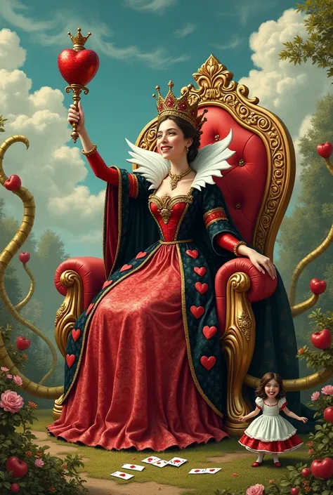 Generates an image of Alice in Wonderland, where the victory of the queen of hearts is shown