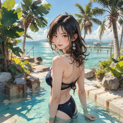 ((highest quality, masterpiece, High resolution)), ((reality)),Photos of beautiful Japanese women,((anime art))、 (((1 girl))), normal size breasts, slim body shape, long ponytail,double eyelid, Wet see-through bikini, A pareo with bold ethnic patterns and ...