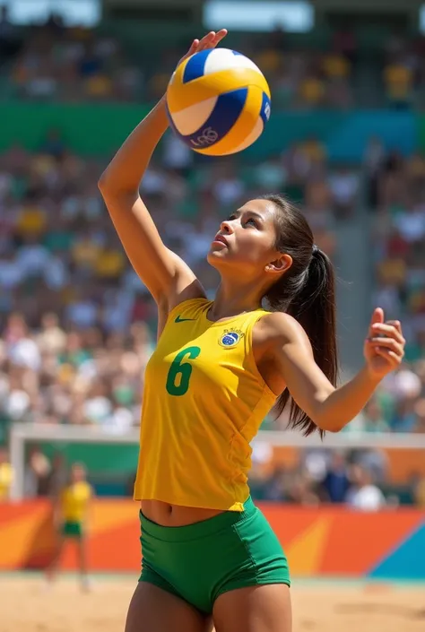  Teenager with dark brown hair, ponytail and brown eyes, very DELICATE playing volleyball, serving the volleyball at the Olympics in Paris without being vulgar with the Brazilian flag and uniform