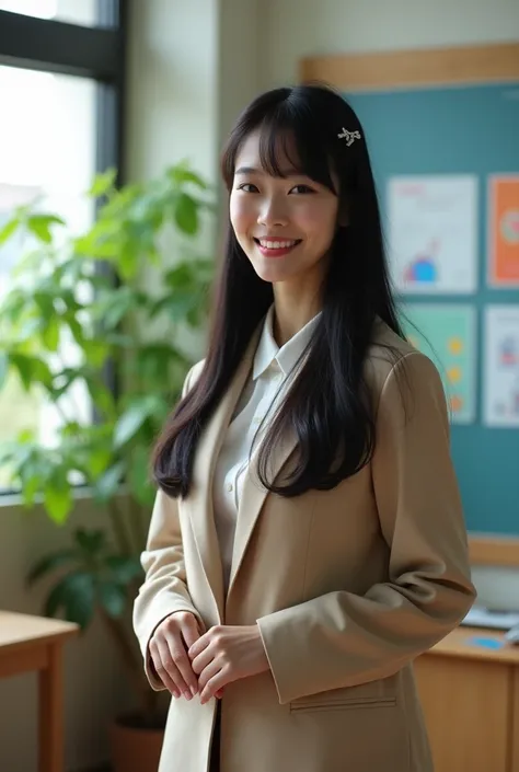 A 30-year-old Japanese female teacher with clear nails

