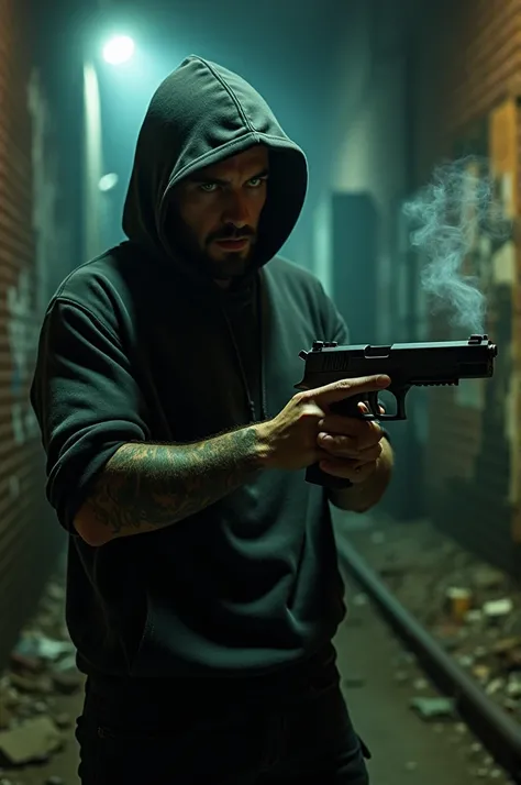 Hooded gangster loading a hand gun 