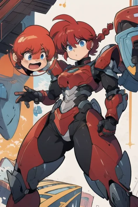 Ranmachan, Red hair, Braided hair, blue eyes, detailed eyes, Whole body, Tech Armor Mix, technological armor 