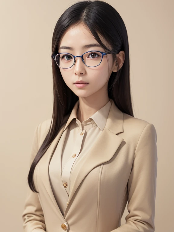 (((ID photo)))、((((Realistic)))), RAW Photos, Japanese women、28 years old、alone、(Body and all)、(look straight ahead)、(Looking at the camera)、(((Beautiful face like an actress))),((((Beige formal suit:1.4)))),(((Delicate round gold-rimmed glasses)))、Anatomi...