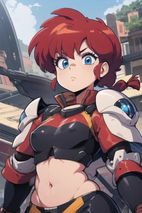 Ranmachan, Red hair, Braided hair, blue eyes, detailed eyes, Whole body, Tech Armor Mix, technological armor, belly button, belly button descubierto, flat stomach