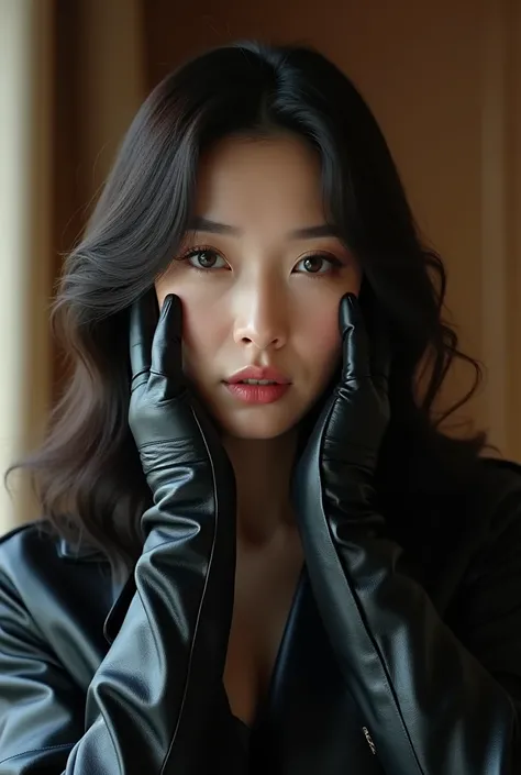 (1990s amateur 4K hyper-realistic black leather gloves handjob photograph:1.8), 2 Korean actress female, (1990s an artistic representation of 49-year-old Korean fashion model actress wearing hyper-realistic black leather long gloves and double trench long ...