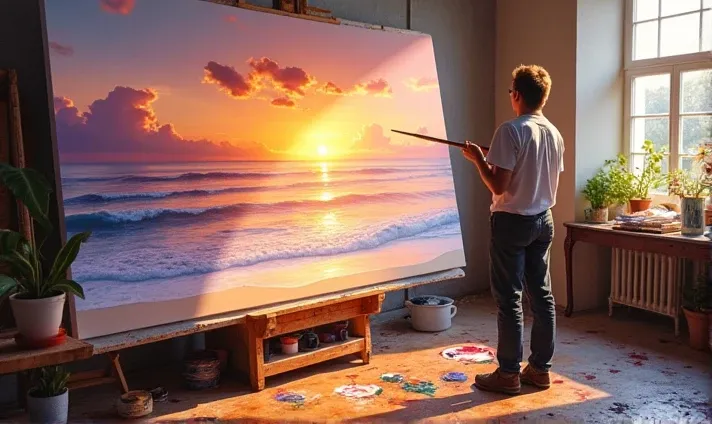 have a painter drawing on a white canvas a beautiful painting of the sea at sunset