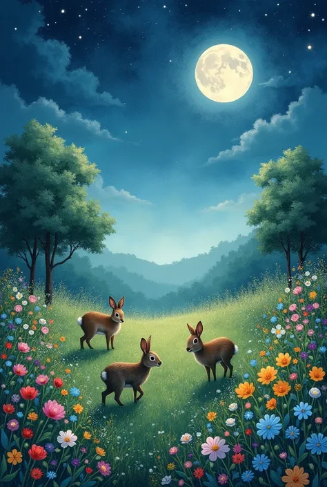 A landscape with flowers and grass, with animals at night