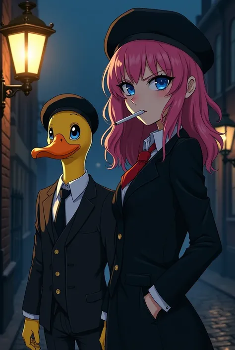 A girl with pink hair and blue eyes next to a yellow humanoid duck, Both are wearing English mafia-style clothing and wearing black berets and smoking a cigarette with serious faces, They are on a street in England at night under a streetlamp. アニメ, dark