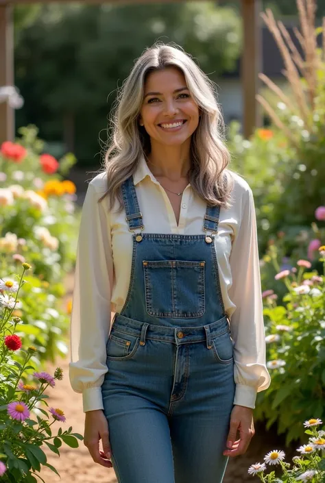 Alejandra Rodríguez, Miss Argentina. Make her hair a little more gray. A blouse and overalls, taking care of her garden, and with a shy smile, slightly larger and with a slightly masculine curves