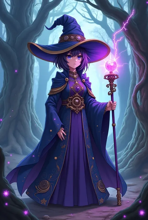 An image of a wizard-style anime character with a very large hat holding a purple staff