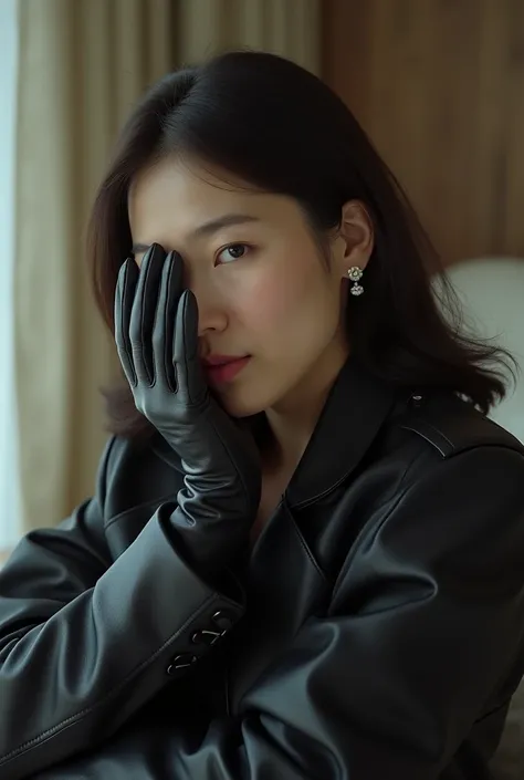 (1990s amateur 4K hyper-realistic black leather gloves handjob photograph:1.8), 2 Korean actress female, (1990s an artistic representation of 49-year-old Korean fashion model actress wearing hyper-realistic black leather long gloves and double trench long ...