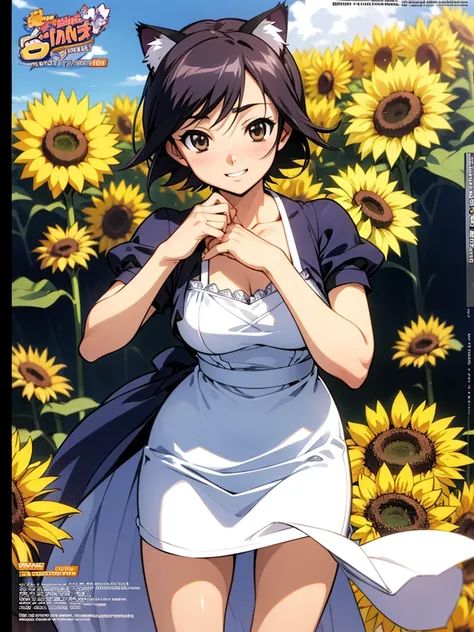 Kōsuke Fujishima style , Anime magazine pinup , clothed erotica , cat woman , wide hip , summer dress , Sunflowers are blooming