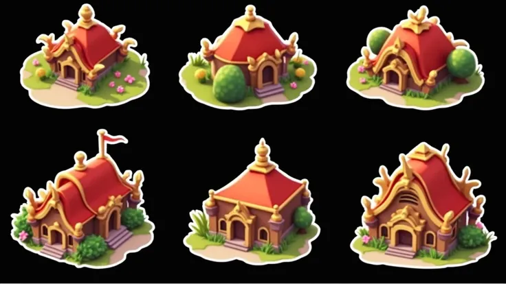 a close-up of a set of six different temple buildings with red roofs, game assets, stylized game art, game icon feature, game asset, stylized concept art, isometric game asset, painted as a game concept art, mobile game asset, isometric art of the 2d game,...