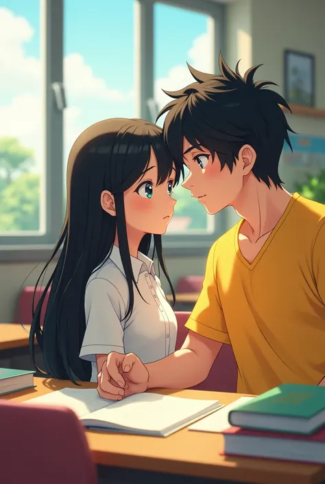 A girl with long black hair is sitting in class preparing for a lesson. Beside her is a strong boy with black hair, trying to smell the girls hair. The girl is wearing a white shirt and the boy is wearing a yellow shirt. Anime 3D.