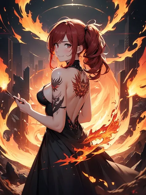 (((best quality, sharp image, clear image, cinematic lighting, 8k resolution, masterpiece, ultra detailed, intricate))) Girl, (((looking over left shoulder))), (shot from behind), ((shot from hip up)), fiery red hair, pigtails, ((intricate black dress)), (...