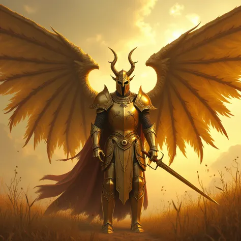 A golden knight with angel wings made of gold in a field in front of a demon boss with horns a blood dripping down his body have the knight with a golden sword and a golden dragon