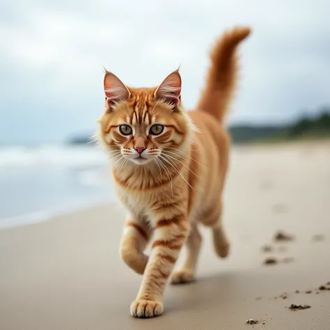 A furry cat walking on the beach
