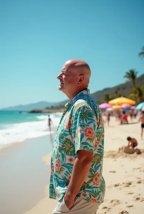 The man is bald on the beach