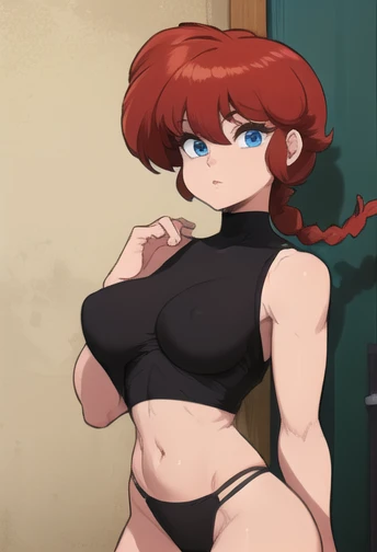 Ranmachan, Red hair, Braided hair, blue eyes, detailed eyes, Whole body, lindosexyrobutts, tight black blouse, black crop top, exposed navel, clothing attached to the body, tanga sexy