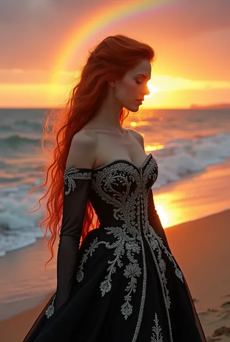 Red-haired snake woman,in a black Victorian dress with silver,sunset beach with sun rays with rainbow 