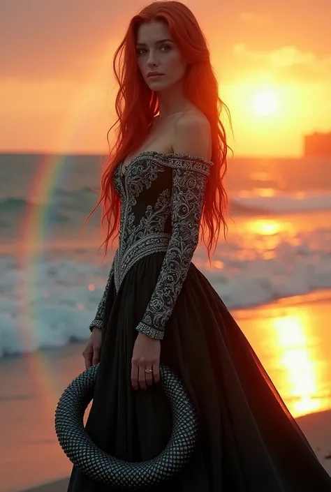 Red-haired snake woman,in a black Victorian dress with silver,sunset beach with sun rays with rainbow 