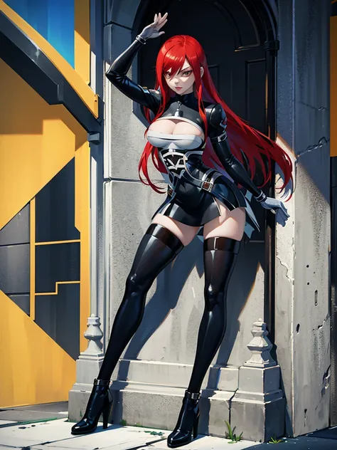 Ultrasexy, full body, ultrarealistic, ((Erza Scarlet)) wearing 2B outfit, climbing a ladder, view form below, 