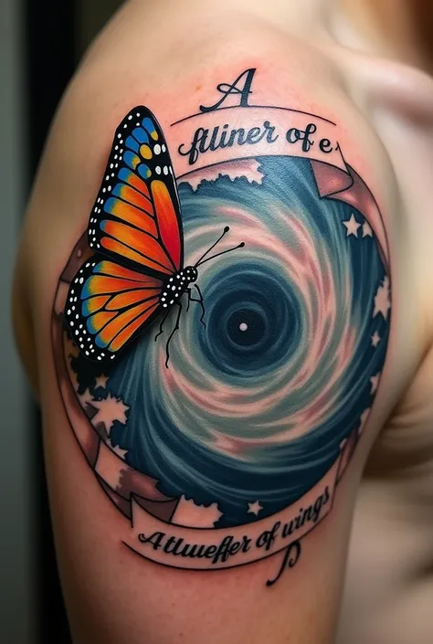 Create a tattoo art representing the butterfly effect having a world map in its image, a butterfly on the left side, a hurricane on the right side with a line connecting the two around the map, written on this line: "A flutter of wings"