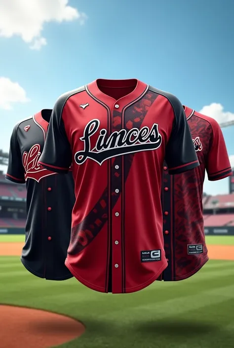 Create 3 different baseball jerseys that say Linces, jersey color mlrado with black and red design