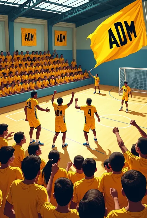 Create a realistic illustration with a crowd dressed all in yellow with flags saying "ADM" and also posters with the same written, in the background a futsal court in a small sports gym with 5 players. 

The gym only has bleachers on one side..