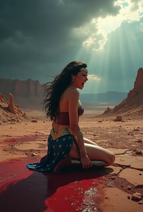 Wonder Woman kneeling, screaming at the death of Kara Zor-El, alias Supergirl, her body fallen in battle on an apocalyptic planet, blood around her. Sensitive and bloody images. 