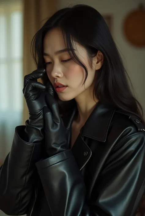 (1990s amateur 4K hyper-realistic black leather gloves handjob photograph:1.8), 2 Korean actress female, (1990s an artistic representation of 49-year-old Korean fashion model actress wearing hyper-realistic black leather long gloves and double trench long ...