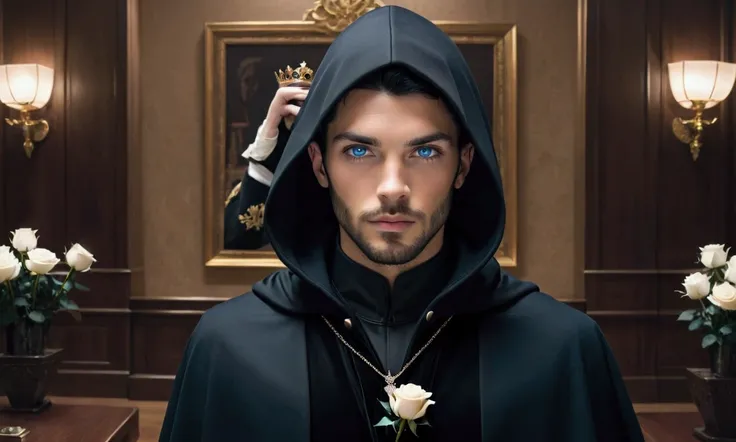 a young handsome european man black hair short beard blue eyes wearing a black noble cloth with hood cover his head with black gloves with a white rose brooch in the council meeting room at night with picture of a king on the wall, cinematic