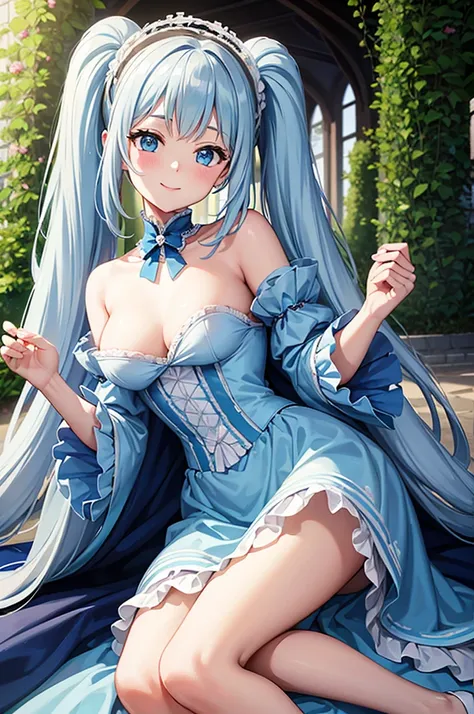 Light blue long hair、Beautiful girl with twin tails、Marie Antoinette costume、Magnificent imperial attire、Bright smile、The vast gardens of a grand castle